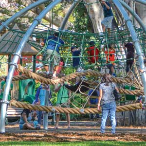 Multi level playground for swinging and playing