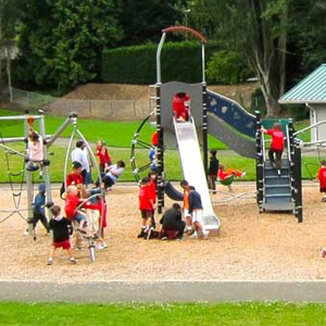 Modern slides, merry go rounds and swings for school age park and playground