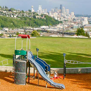 Multiple play structures on park playground