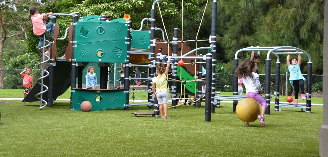 Toddler commercial playground with fully compliant play structures and safety surfacing